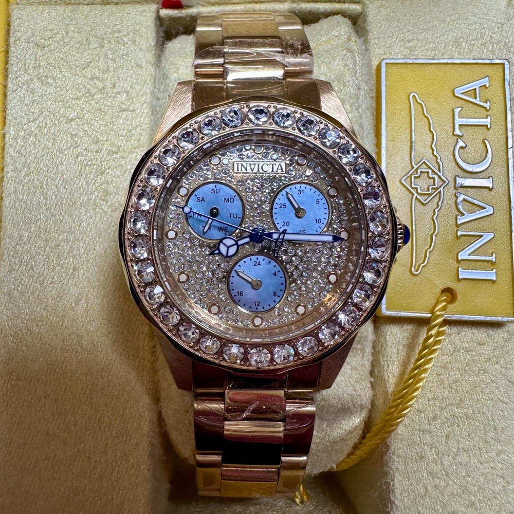 Invicta Rose Gold Tone Crystal Pavé Dial Watch with Light Blue Subdials